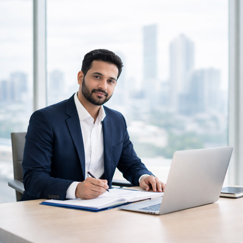 legal services in india a men writing contract with laptop